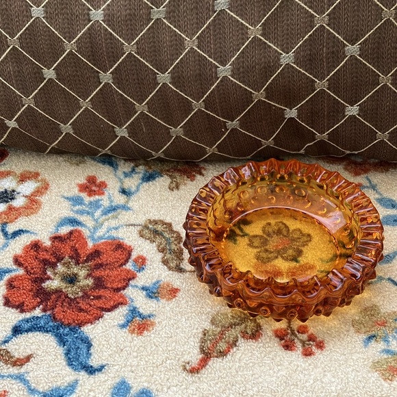 VINTAGE FENTON 5” AMBER ORANGE GLASS HOBNAIL AND RUFFLE TOP ASHTRAY- no decal - Picture 11 of 14